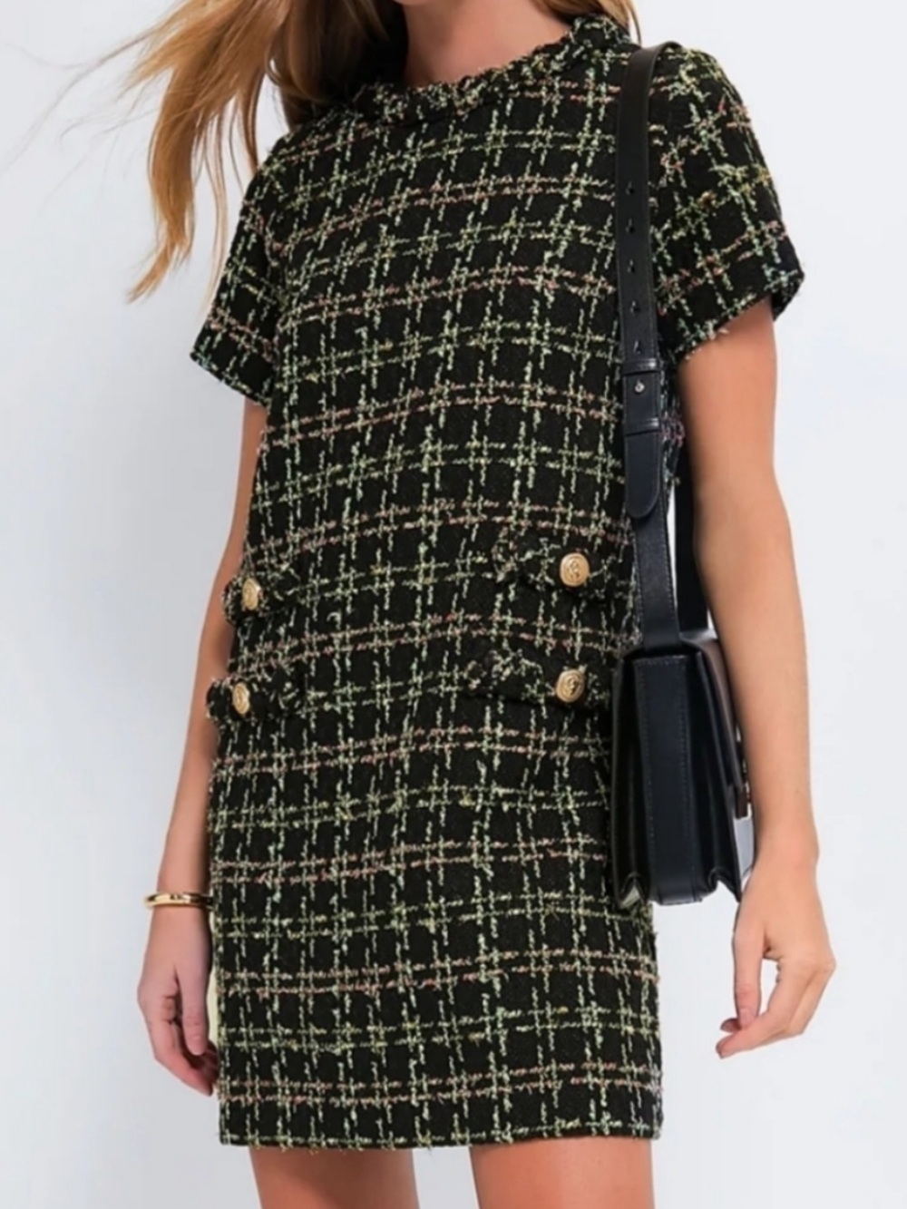 Tuckernuck Holly Tinsel Tweed Short Sleeve Jackie Dress Black Plaid Size XS